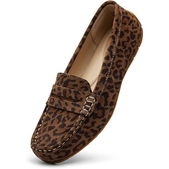 Kordal Shoes - Kordal Women Leopard Suede Gold Accent Buckle Slip-Ons Walking Flats Loafers